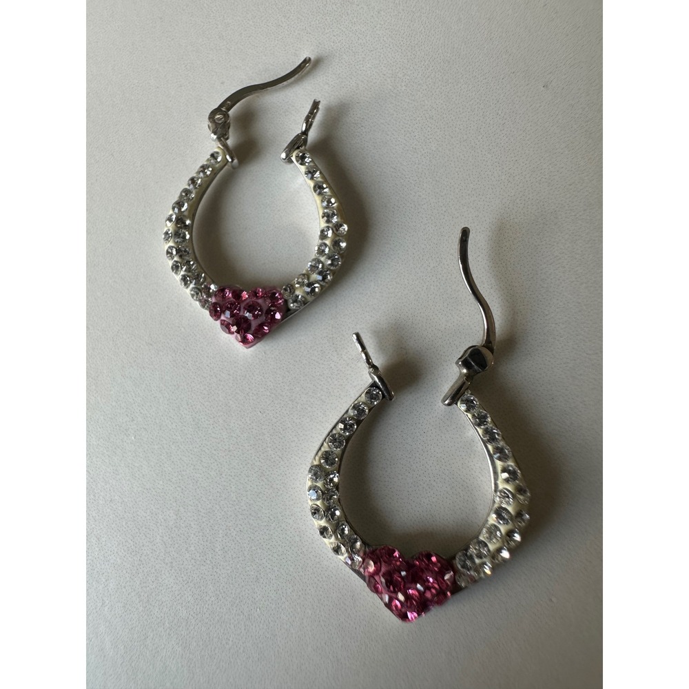 AU .925 Sterling Silver Pink Crystal Heart Horseshoe Hoop Earrings Lever Back